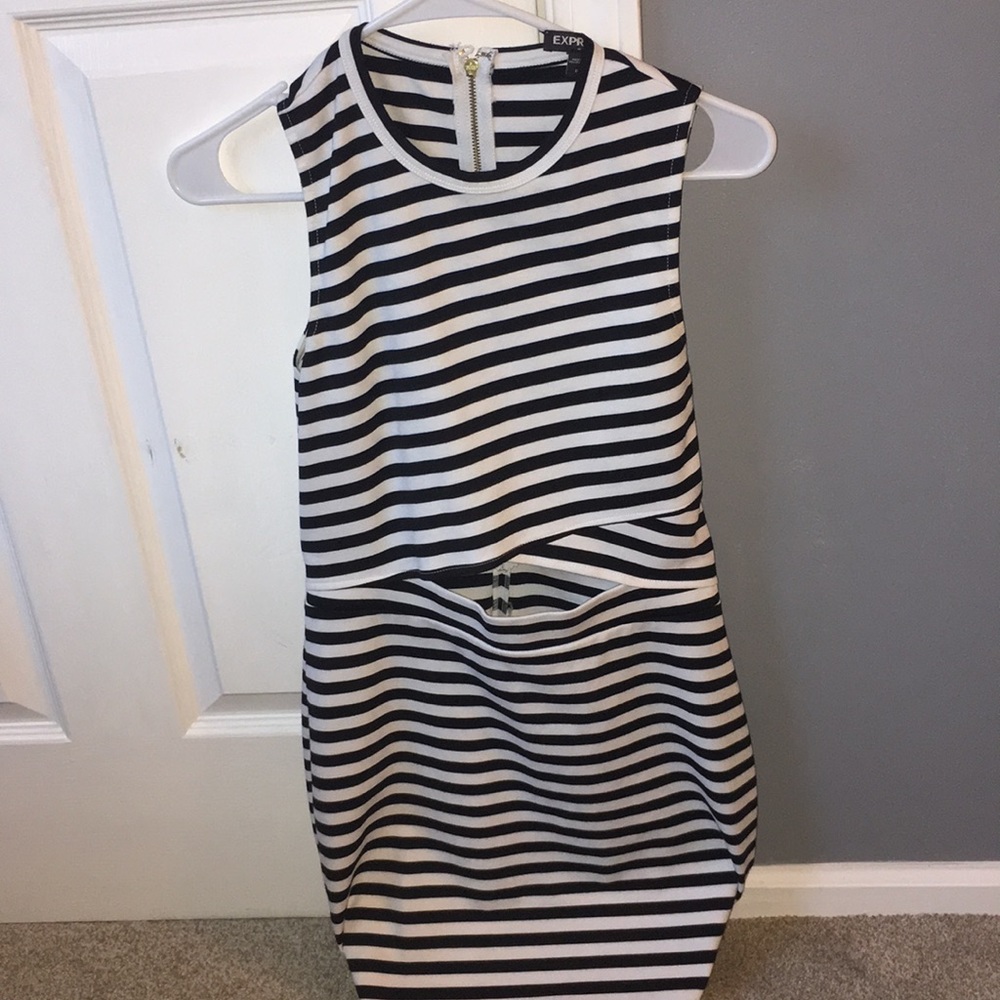 Black and white strip dress with midriff cutout